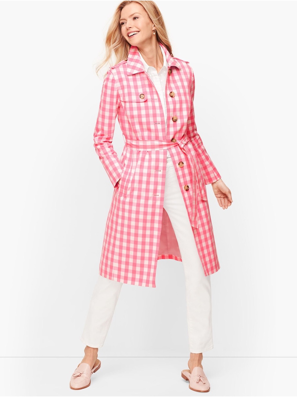 Talbots Gingham Trench Coat Size S NWOT Bubblegum Pink/White Gorgeous
